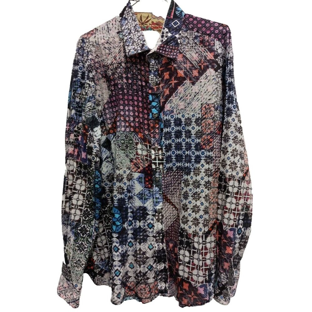 Robert Graham Mens Shirt 2XL Multi Printed Retro Clubwear Disco Colorful Cotton